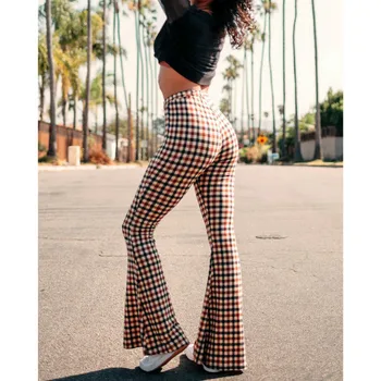 Joggeri Femei de Moda Flare Pantaloni Femei de Înaltă Wasit Retro Model Carouri-Clopot fund pantaloni Lungi Casual, Skinny Pant streetwear