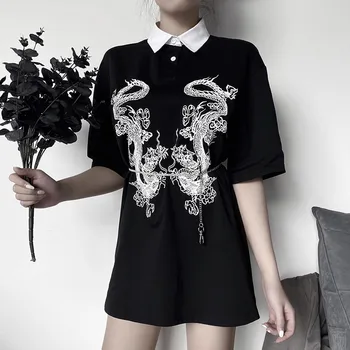 Dragon Negru Mini de Vară Goth Tricou Vrac Rochie 2021 Maneca Scurta din Bumbac Harajuku Cosplay Gotic tricou Scurt Rochii Topuri Femeile
