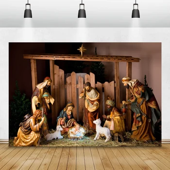 Laeacco Scena Nașterii Fundaluri Foto Creștin Isus Naștere Bullpen Cu Fân Oi Fotografie, Fundaluri Pentru Studio Foto