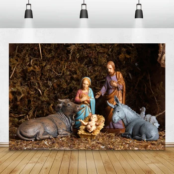 Laeacco Scena Nașterii Fundaluri Foto Creștin Isus Naștere Bullpen Cu Fân Oi Fotografie, Fundaluri Pentru Studio Foto
