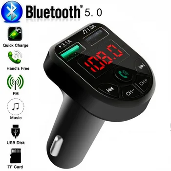 Auto Fm Transmitter Bluetooth 5.0 Car Mp3 Player cu Modulator Adaptor de Tensiune de la Baterie TF Card Hands-free Dual USB Smart Cip E5
