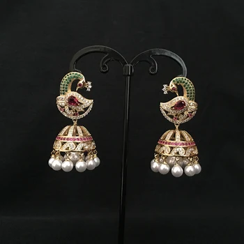 Indian Bollywood Jhumka Pearl Cercei perle Artificiale Placat cu Aur Păun Jhumki Candelabru de Mireasa de Lux Elegant de Bijuterii