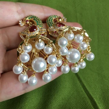 Indian Bollywood Jhumka Pearl Cercei perle Artificiale Placat cu Aur Păun Jhumki Candelabru de Mireasa de Lux Elegant de Bijuterii