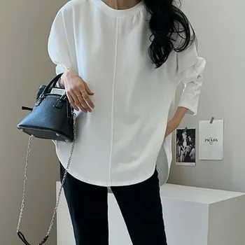 Coreeană Japoneză Tricou Alb Femei 2020 Moda Primavara Culoare Solidă Maneca Lunga O De Gât Tricou Vrac Top Elegant Ropa Mujer