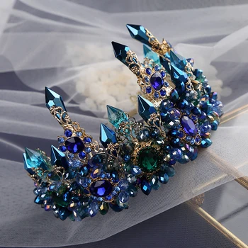 Bavoen Mirese Supradimensionat Albastru Regal Baroc Coroana, Diadema Retro Verde Stras Tiara Bentițe De Păr De Nunta Bijuterii