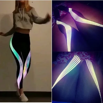 Femei Pantaloni Fitness Nou La Modă Benzi Reflectorizante Imprimare Laser Noapte Rulează Pantaloni Sport De Mare Elastic Talie Jambiere