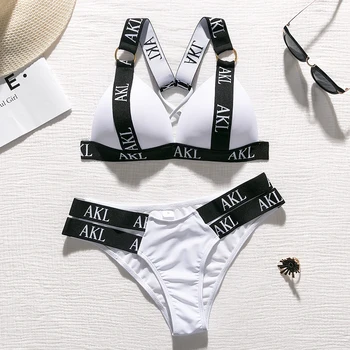 Într-X Sexy împinge în sus bikini set Scrisoare de imprimare de costume de baie femei Bandaj negru costume de baie femei Biquini Înot costum de baie Scăldător 2020