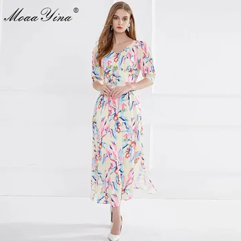 MoaaYina Pistă de Moda rochie de Vara Rochie de Femei V-neck mâneci Florale Imprimare Subțire Rochii Elegante Lungi