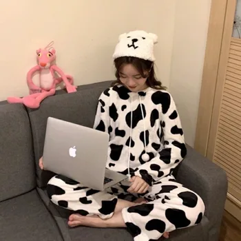 Vaca de Imprimare Pijamale Flanel pentru Fete de Iarna Pijamale Femei Acasă Costum Sweetheart Sleepwear Haine de Toamna Pijamas