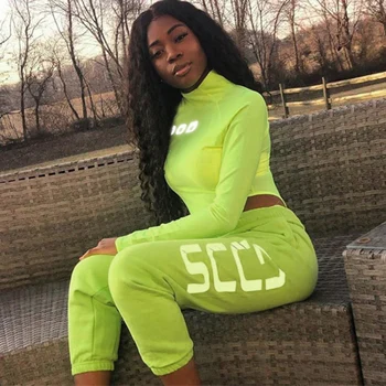 Femei Sexy Reflectorizante Scrisoare De Imprimare Neon Verde Guler Costum Body Clubwear Maneca Lunga Slim Fit Salopeta Sport Topuri