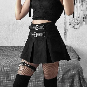 SUCHCUTE Gotic Fuste Mini Negre Grunge Stil Punk Cutat Talie Mare Y2K Femei de Moda Fusta din Piele Cu Catarama Partywear