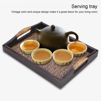 Multi-Funcțional, Din Lemn, Tăvi De Servire Cu Maner Dreptunghi Manual Rattan, Bambus Ceai/Ulei Tăvi Desert/Cafea/Fructe Farfurie 30.