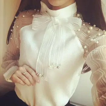 Femei elegante Organza Arc de Perla Bluza Casual Doamna Șifon Cămașă Topuri de Vara