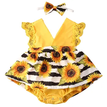 Copil nou-născut Fete de Vară fără Mâneci Costume Rochie de Floarea-soarelui Costume Salopete Rochie Banda 2 buc Îmbrăcăminte Set 0-24Months