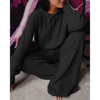 Femei Casual Solid Coaste Tricot Seturi De Îmbrăcăminte Maneca Lunga Cu Gluga Top Hanorace Talie Mare Cordon Pantaloni Drepte Lady Body