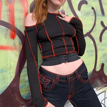 Femei T Shirt Mozaic Cusătură Umăr Rece Teuri Y2k ' 90 Estetice Topuri Punk Stil Maneca Lunga Moale Slab Topuri Streetwea