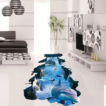 Noi 3D Autocolante de Perete Delfin Rupt Perete Vizual Protecția Mediului Impermeabil anti-alunecare Camera de zi Dormitor Etaj Autocolante