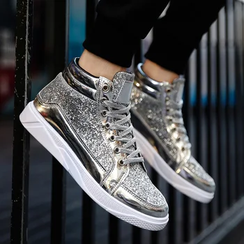 Oameni noi Hip Hop pantofi luminoase fata din piele pantofi casual Aur adidași de moda de argint high topuri de sex Masculin retro pantofi Negri