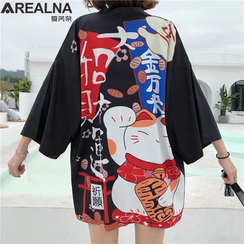 Haori Hombre Anime Kimono pentru Femei de Vara Cat Noroc Cardigan Bluza Tradițională Japoneză Plajă cu protecție Solară Yukata cu Centura Surblouse