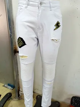 Vara Ori Blugi Litere broderie Întinde Rupt de Design de Moda alb Slab Hip hop creion pantaloni Jeans Pentru