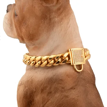 Aur Miami Câine în Lanț Placat cu Gulere Grosime Mare Câine Guler Pitull Bordură Cubanez Pet Link-ul de Otel Inox Consumabile pentru animale de Companie 10~32 inch