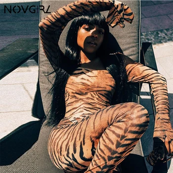 Novgirl De Pe Umăr Flare Sleeve Mesh Salopeta Sexy Femei Tigru, Leopard De Imprimare De Fitness Salopetă Club Petrecere De Moda Salopete 2019