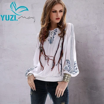 Stil De Vara Femei Bluza 2017 Yuzi.poate Epocă Nouă Lenjerie de pat din Bumbac Bluze Etnice V-Neck Lantern Maneca B9517 blusa feminina