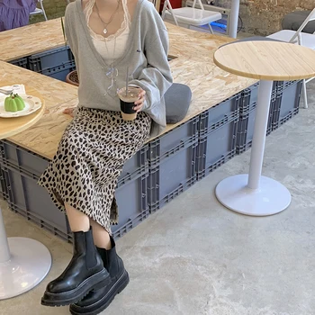 Femei Casual, Fuste Toamna coreeană Stil Vintage Leopard Fusta Talie Mare Split Fusta Slim + Minimalist V-neck Loose Jachete