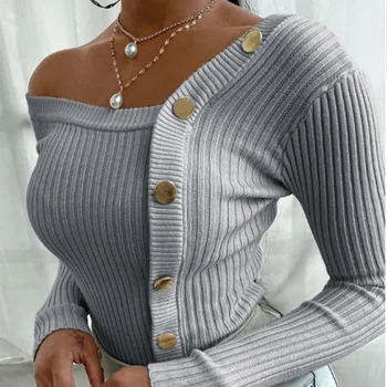 Sexy Mozaic Tricotate Pulovere pentru Femei Slim Oblic-Buton de guler Maneca Lunga Femei Pulover 2021 Toamna Noua Doamna de Moda Pulover