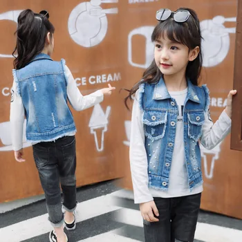 Copii Fete de Îmbrăcăminte de Primăvară Toamna anului 2018 Vesta din Denim pentru Fete Model Perla Jeans Paltoane Copii Cowboy Veste Vesta 3-14 Ani