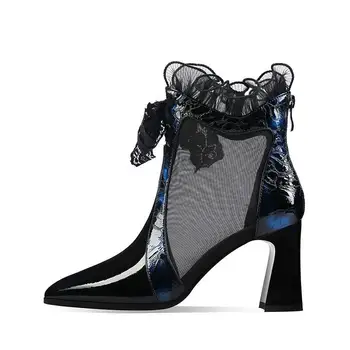 Plasă de Sandale Cizme Femeie 2021 Tocuri Glezna Cizme de Vara din Dantela Pantofi Deget a Subliniat Sexy pentru Femei Albastru Vin Rosu - Toc Patrat