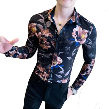 2021 Primăvară Noua Camasa Barbati Maneca Lunga Moda Streetwear Barbati Florale Camasi Slim Fit Retro Print Bluză Casual pentru Barbati 3XL-M Negru