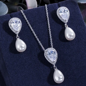 BeaQueen Lacrimă CZ Piatra Deschide Perla Picătură Cercei Pandantiv Colier Moda Cristal Elegant pentru Femei Bijuterii Accesorii JS197