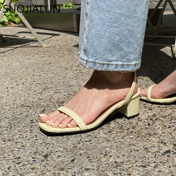 SUOJIALUN 2021 Noi de Vara Sandale Femei cu Toc Patrat Scăzută Curea Glezna Gladiator Sandal Catarama Brand Sandale Vacanta Flip Flops