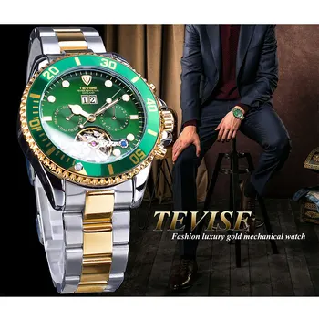 TEVISE Verde de Apelare Tourbillion Ramă de Aur Mens de Afaceri de Lux Automat Mechanical Ceas Brand de Top de Lux Reloj Hombre Calendar
