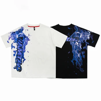 De Vară 2020 Foc Albastru Print Hip Hop Tricou Barbati Streetwear Harajuku Maneca Scurta Camasi Barbati Femei High Street Bumbac Topuri Tricouri