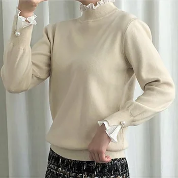 Noi 2020 Femei Pulover Pulover Moda Primavara Toamna Slim Cu Maneca Lunga Mozaic Sifon Volane Topuri Tricotate Pulover Coreeană