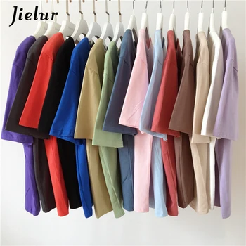 Jielur 15 Culori pentru Femei T-shirt Liber Casual Harajuku Basic Tee Cămașă de Vară de sex Feminin coreeană T-shirt S-XL Caise Alb Topuri