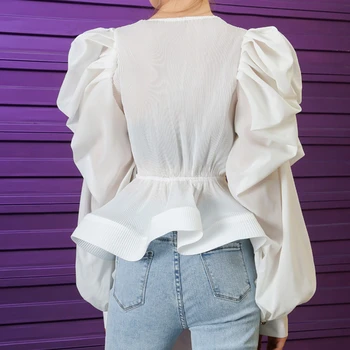 TWOTWINSTYLE Elegante Femei Tricou V-Neck Lanternă Long Sleeve Ruched Dantelă-Up cu Arc Sexy Bluza de Moda de sex Feminin 2020 de Îmbrăcăminte de Primăvară