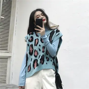 Femei Pulovere Trage Hiver Leopard de Imprimare Vesta Tricotate pentru Femei Pulover Costum din Două Piese Set Femme Chandails