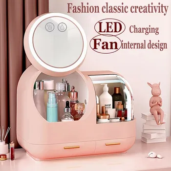 2021 Nou Cosmetice Cutie de Depozitare de lumină LED ventilator Intern Machiaj cutie Desktop produs de îngrijire a pielii raft de depozitare Cosmetice Organizator Geantă
