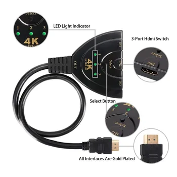 Compatibil HDMI Splitter 4K*2K 3 Porturi Mini Comutator Cablu 1.4 b 1080P pentru DVD, HDTV Xbox PS3 PS4 3 în 1 Port Hub HDMI Switch