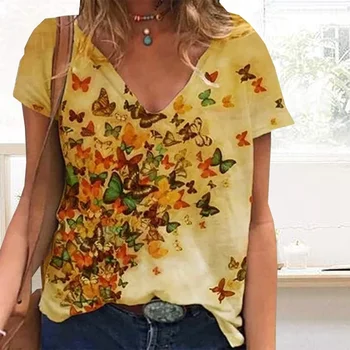 Moda Vara Femei Pierde T-shirt Casual V-gât Maneci Scurte Fluture de Imprimare Haine de sex Feminin Harakuju Dulce Teuri Topuri