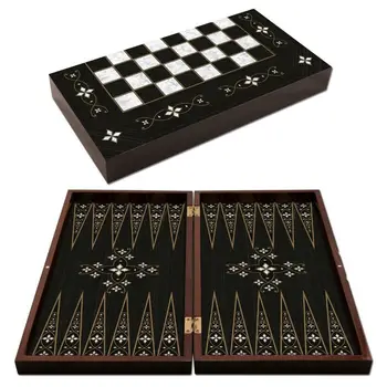 Tabla de Joc Perlate din Lemn, Table de Șah și Dame Șah Set de Dimensiuni Mari Antic Masiv Email de cea Mai bună Calitate 3 in 1 Cadou