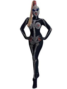 Halloween Costume Cosplay Schelet Bodysuit Craniu Pălării Strălucitoare Costum de Scenă DJ Gogo Performanță Haine Rave Purta VDB2628
