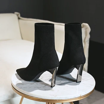 SEGGNICE Șosete Cizme de Moda pentru Femei 2020 Pantofi cu Toc Sexy Botine Negru Slip Subțire, Pantofi cu Toc Femeie Doamnelor Parte de Boot