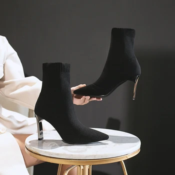 SEGGNICE Șosete Cizme de Moda pentru Femei 2020 Pantofi cu Toc Sexy Botine Negru Slip Subțire, Pantofi cu Toc Femeie Doamnelor Parte de Boot