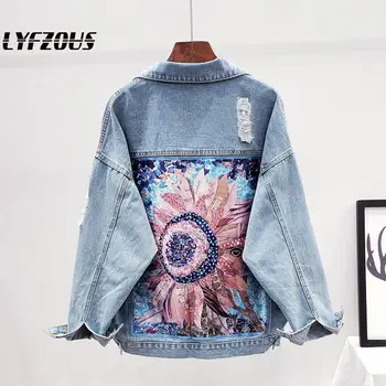 Cristal Decor 3D floare de imprimare jacheta denim femei BF stil jean haina casual gaura Guler de Turn-Down Îmbrăcăminte exterioară