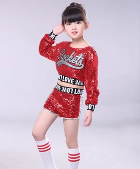Roșu copii Copii Sequin de Dans Hip-Hop cu Costume Stralucitoare Scena Jazz Costume de Dans Costum Fete Crop Top si Pantaloni