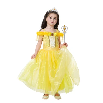 De Halloween, Copil, frumoasa si ia Costum Printesa Fantasia Belle Rochie Galben de Aniversare pentru Copii Shoulderless Rochii pentru Fete